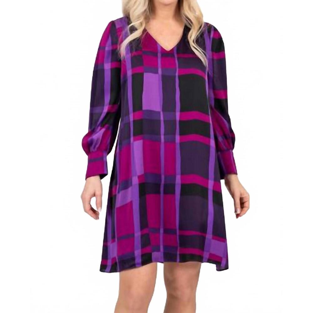 NEW SCAPA plaid shift mini dress in purple